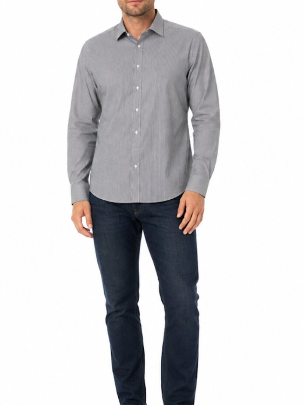 Stenströms Slimline Men's 17.5/44 Black White Pinstripe Dress Shirt